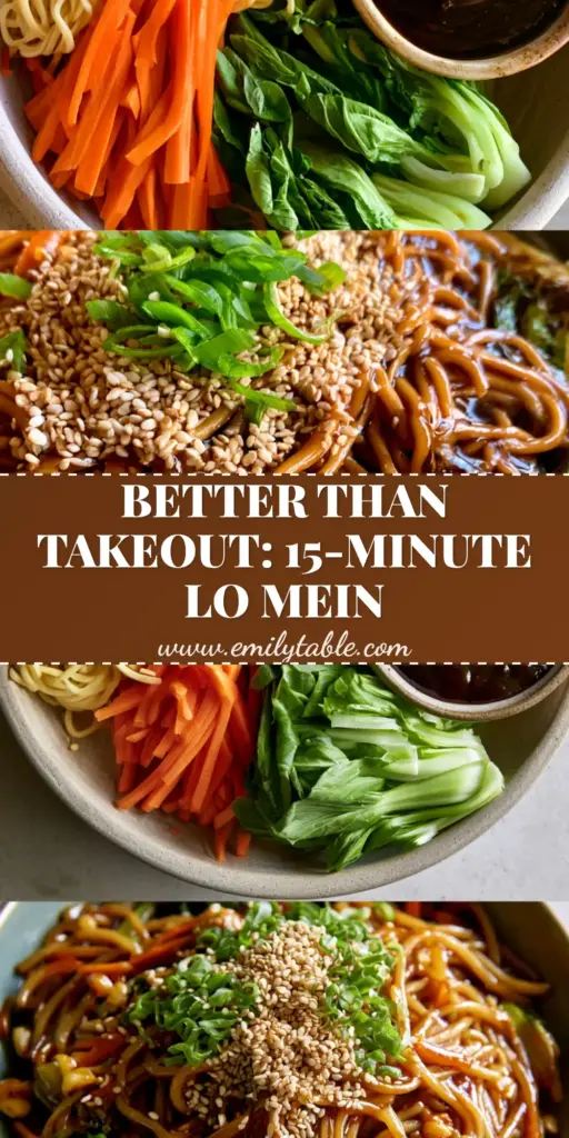 A split-frame photo showing raw ingredients and finished steaming lo mein noodles with a dark amber glaze and charred bok choy.