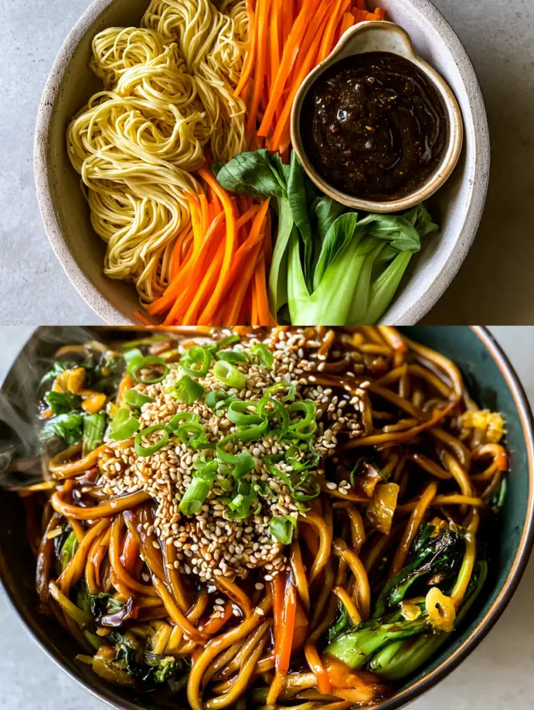Finished lo mein noodles with wilted green bok choy and charred edges in a bowl.