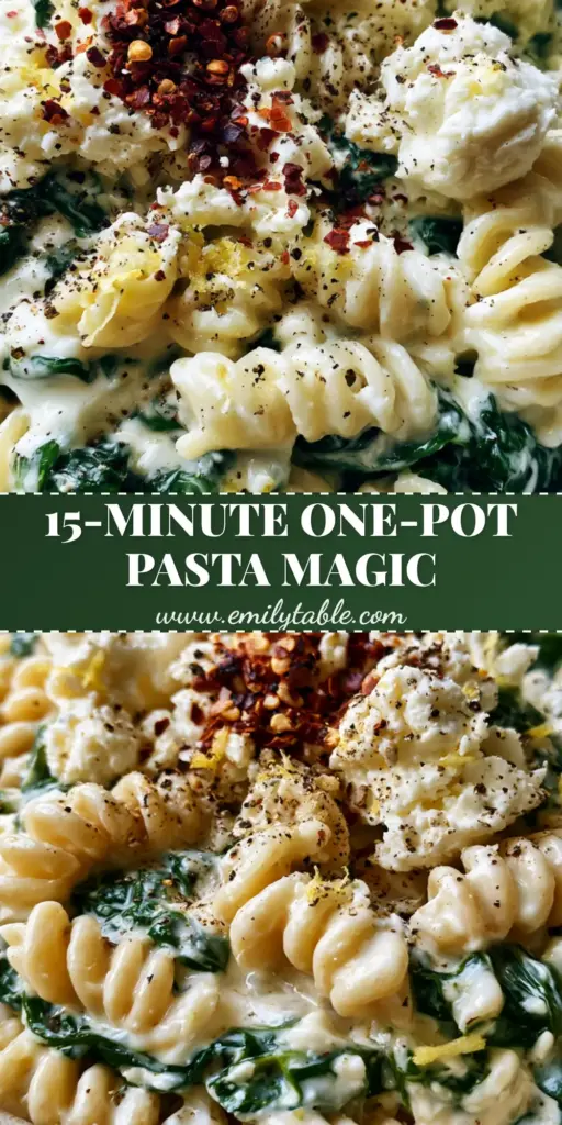 A top-down view of Spinach Feta Pasta with fusilli, wilted spinach, and melted feta crumbles in a ceramic pan.