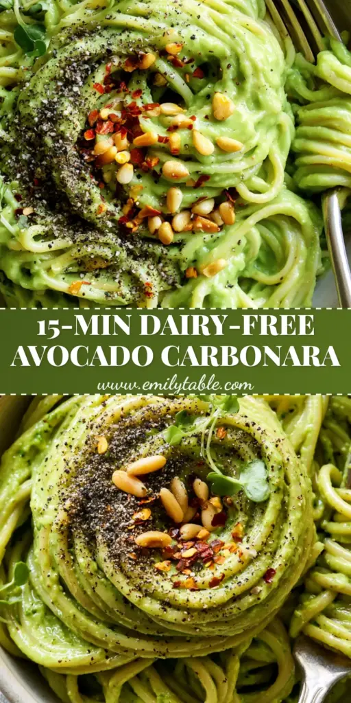 A hero shot of Avocado Carbonara with vibrant green sauce, toasted pine nuts, and micro-basil in a matte bowl.