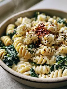 Close-up of al dente fusilli coated in glossy creamy feta sauce with bright green spinach and lemon zest. (Spinach Feta Pasta)