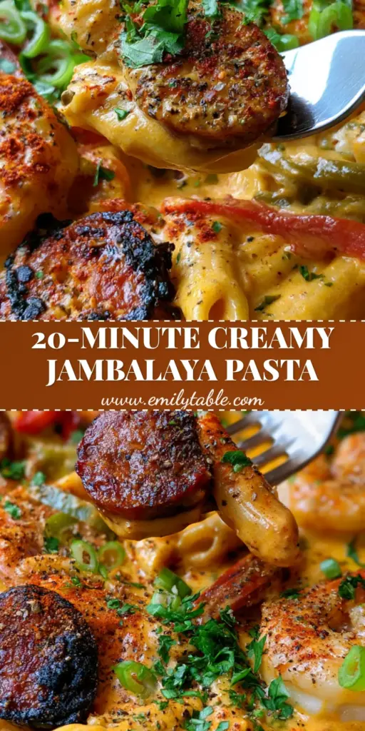 Close-up of Creamy Jambalaya Pasta in a cast iron skillet featuring seared shrimp, Andouille sausage, and a glossy orange Cajun cream sauce pull.