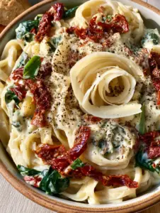 Top-down view of a ceramic bowl filled with Spinach and Sun Dried Tomato Pasta featuring shaved parmesan curls and fresh basil.