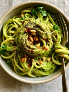 Top-down view of spaghetti perfectly coated in thick, glossy avocado sauce with cracked pepper and pine nuts.