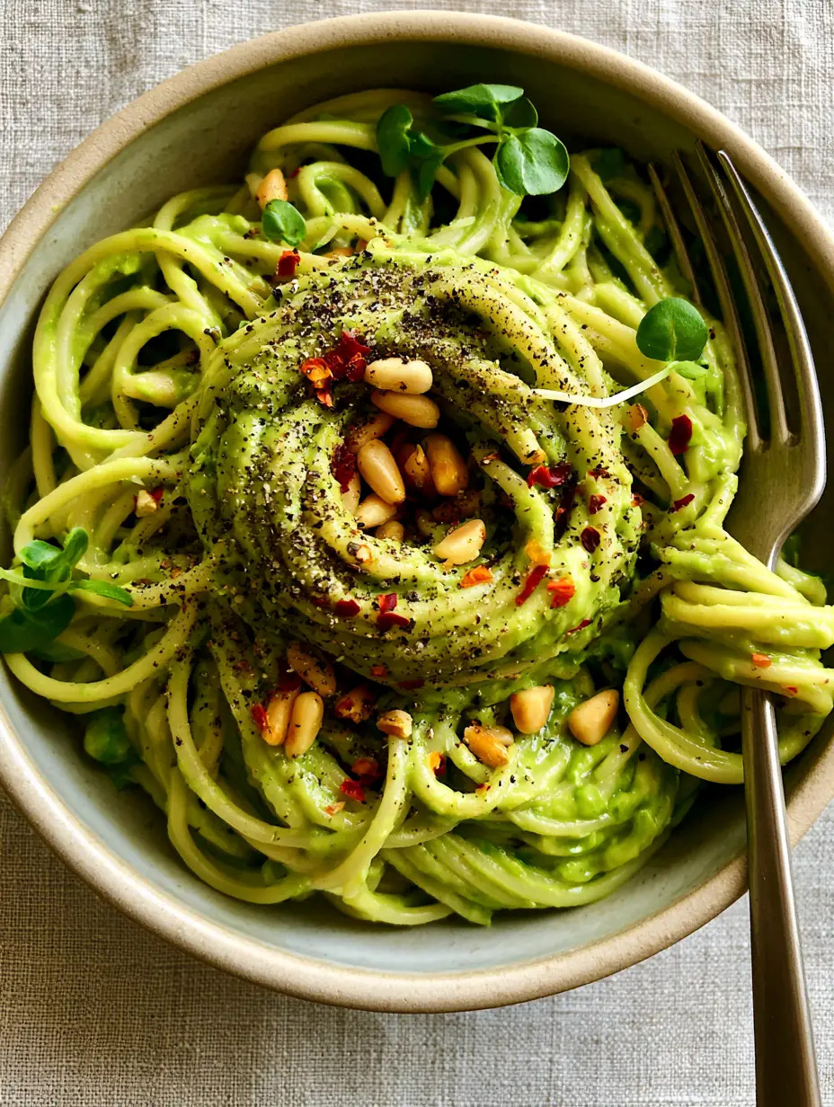 Top-down view of spaghetti perfectly coated in thick, glossy avocado sauce with cracked pepper and pine nuts.