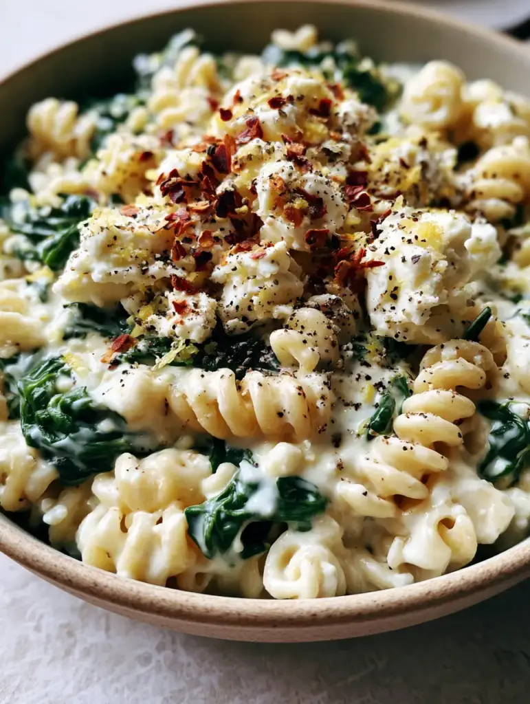 Steam rising from a rustic skillet of Spinach Feta Pasta topped with red pepper flakes and cracked pepper.