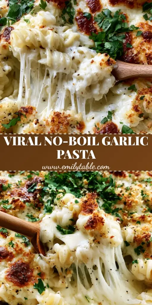 A close-up vertical shot of a Garlic Parmesan Pasta Bake in a white dish featuring golden bubbly mozzarella and a wooden spoon creating a long cheese pull with steam rising.