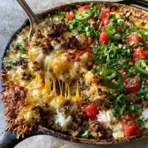 A POV shot looking down at a taco rice casserole in a rustic skillet with steam vapors and golden toasted cheese edges.