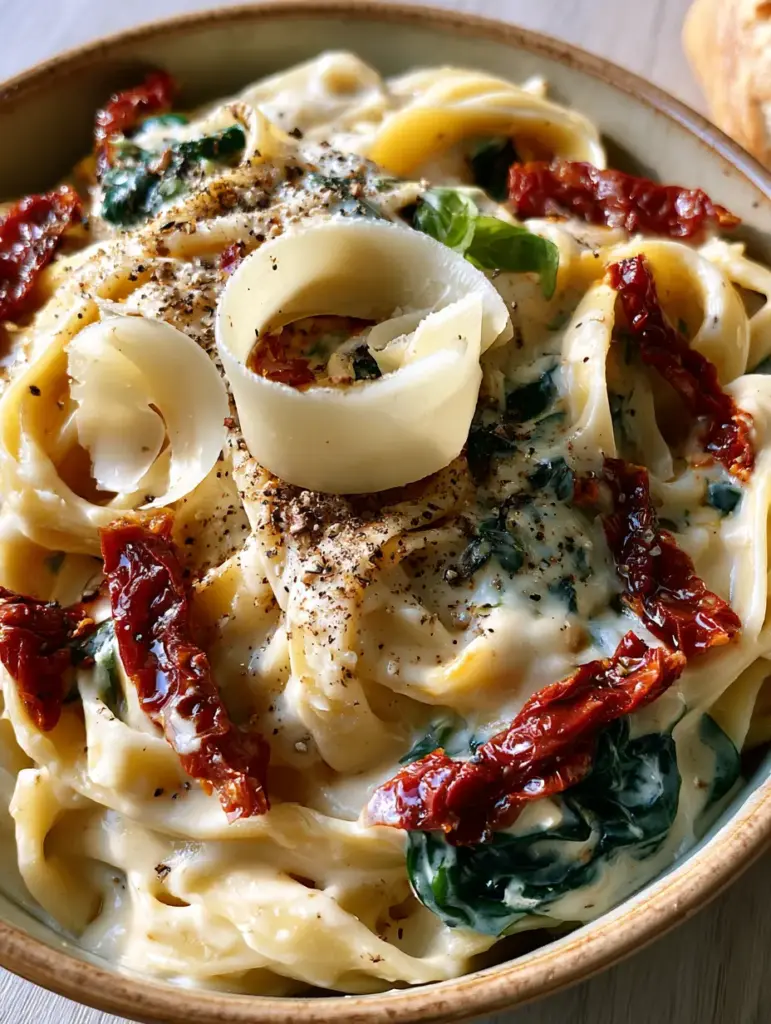 Spinach and Sun Dried Tomato Pasta with Garlic Cream Sauce 1 Detailed close-up of Spinach and Sun Dried Tomato Pasta showing the steam vapor and cracked black pepper garnish.