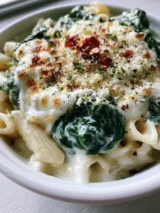 A close up photo of ridged penne in a thick ivory sauce with emerald spinach leaves in a slow cooker bowl. (slow cooker spinach pasta)