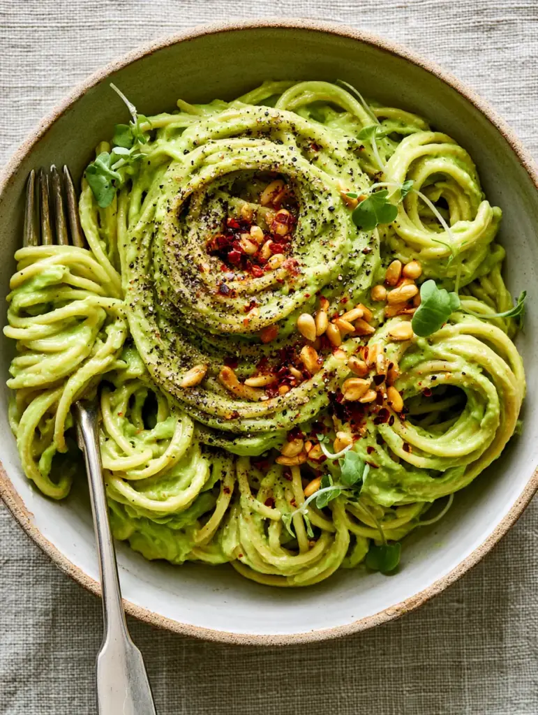 Close-up of Avocado Carbonara showing the texture of the sauce and the bright red chili flake garnish.