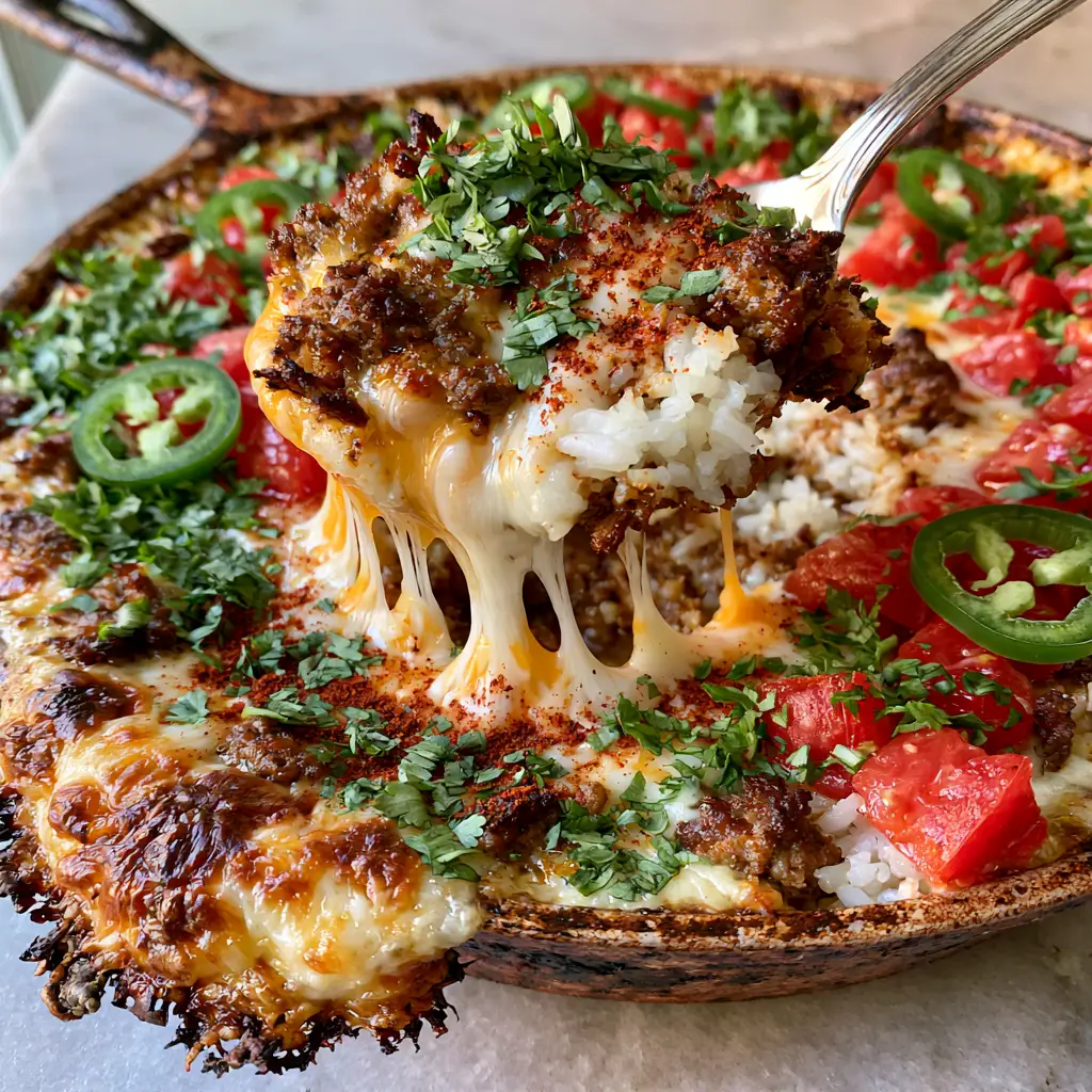 Close up of seasoned ground beef and fluffy rice topped with melted cheddar and fresh cilantro in a taco rice casserole.