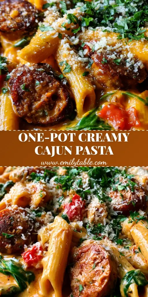 A premium matte black skillet filled with Creamy Cajun Sausage Penne, featuring seared Andouille rounds, wilted spinach, and a glossy orange sauce. (Creamy Cajun Sausage Penne)