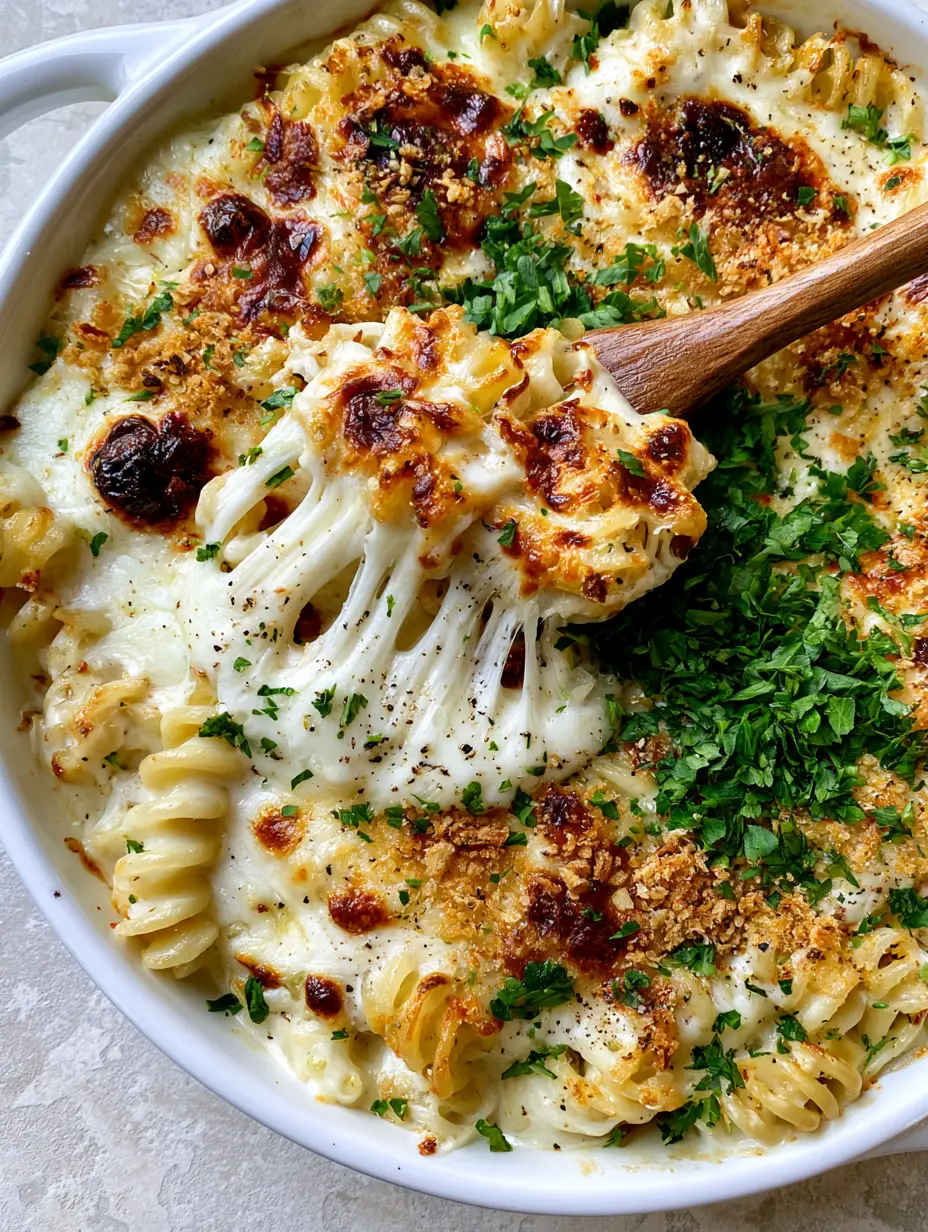 Top-down view of Garlic Parmesan Pasta Bake with rotini pasta, thick white cream sauce, toasted panko crust, and fresh green parsley garnish.