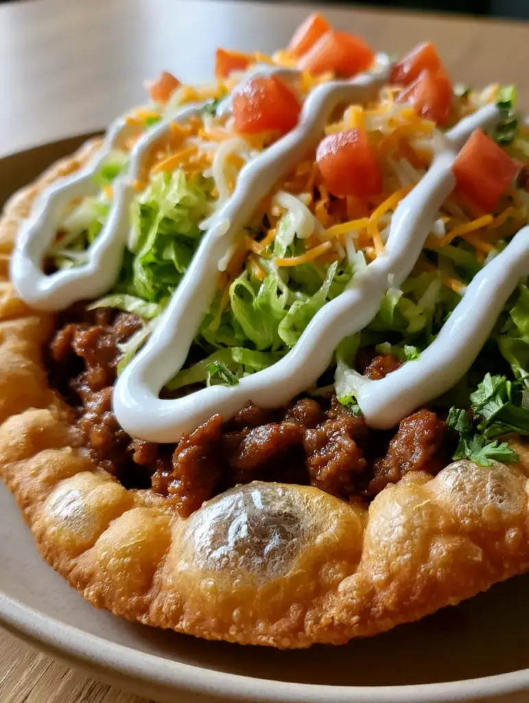 A person holding a gourmet chalupa with glistening beef, shredded lettuce, and diced tomatoes.