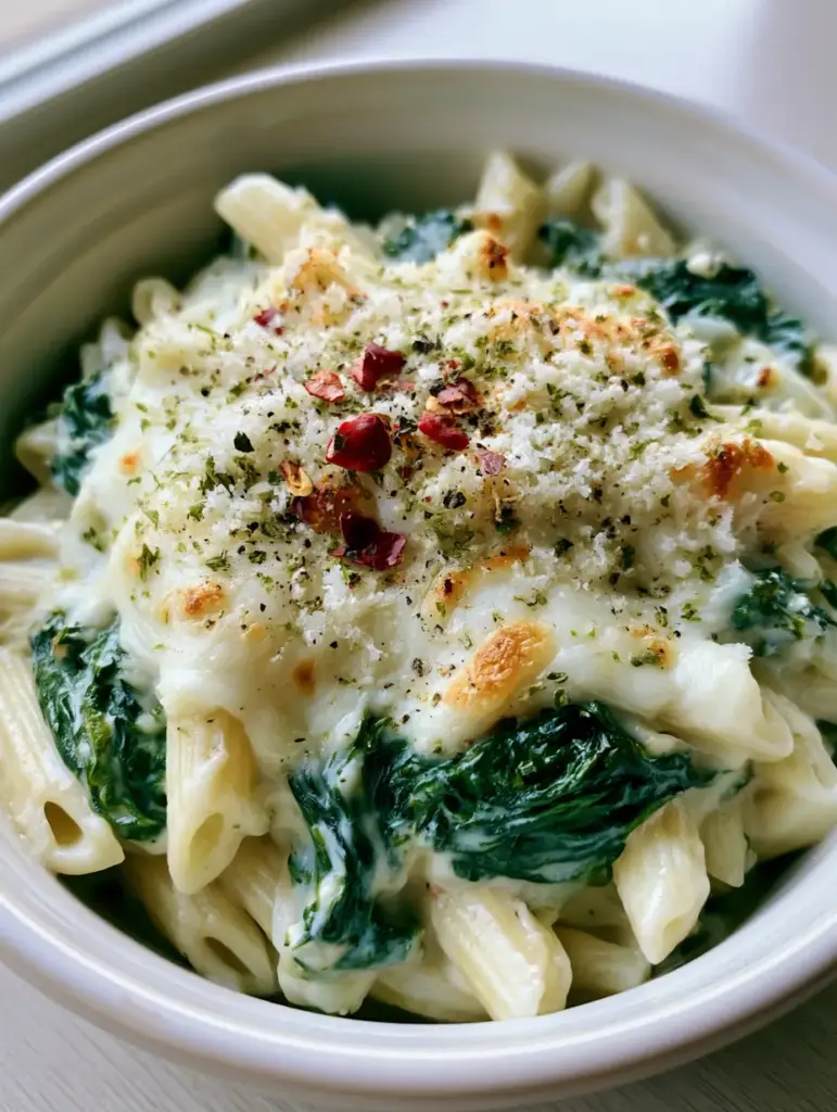 Top down view of slow cooker spinach pasta featuring golden toasted mozzarella cheese spots and red chili flakes.