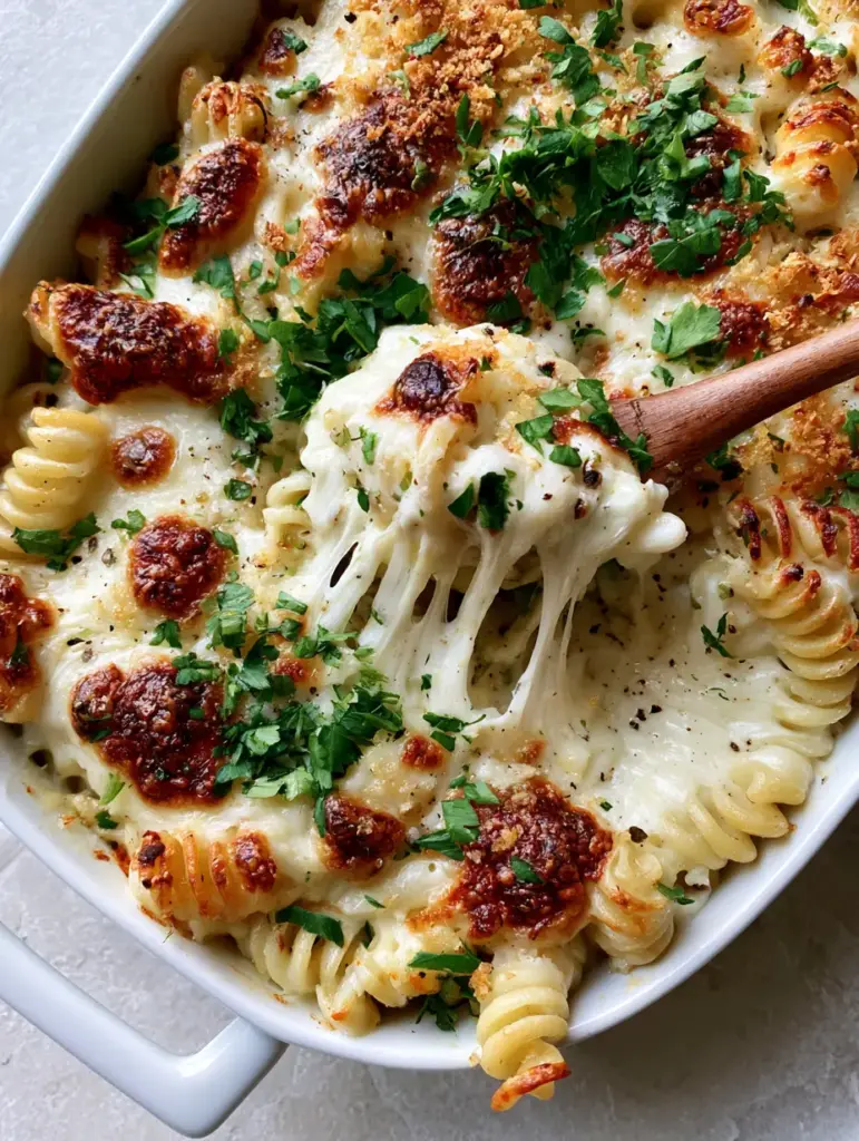Detailed shot of the Garlic Parmesan Pasta Bake showing the texture of the melted mozzarella and the specks of cracked black pepper.