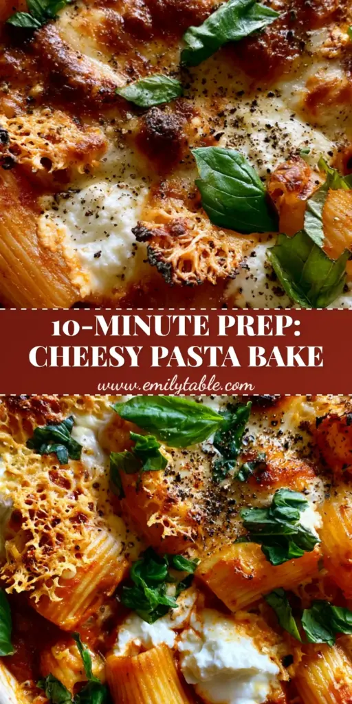 Pasta al Forno recipe: The Ultimate Cheesy Rigatoni Bake 4 Overhead shot of Rigatoni Pasta al Forno in a white dish with bubbling mozzarella and fresh basil. (Pasta al Forno recipe)