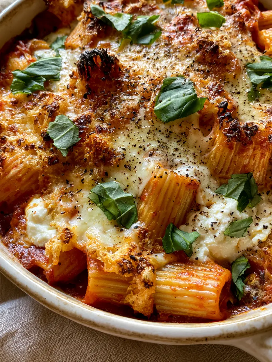 Pasta al Forno recipe: The Ultimate Cheesy Rigatoni Bake 3 Close-up of molten mozzarella and toasted parmesan on a Pasta al Forno recipe.