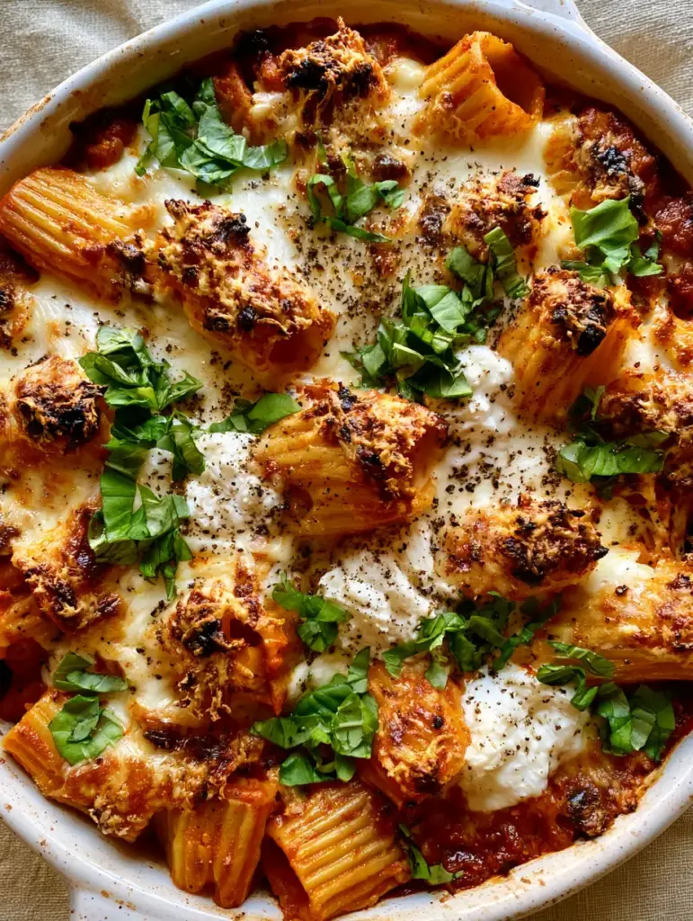 Pasta al Forno recipe: The Ultimate Cheesy Rigatoni Bake 1 Extreme overhead view of rigatoni pasta al forno with steam and fresh basil.