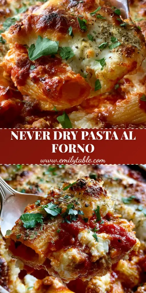 A silver spoon lifting a portion of Pasta al Forno from a white dish, showing cheese pull and rigatoni.