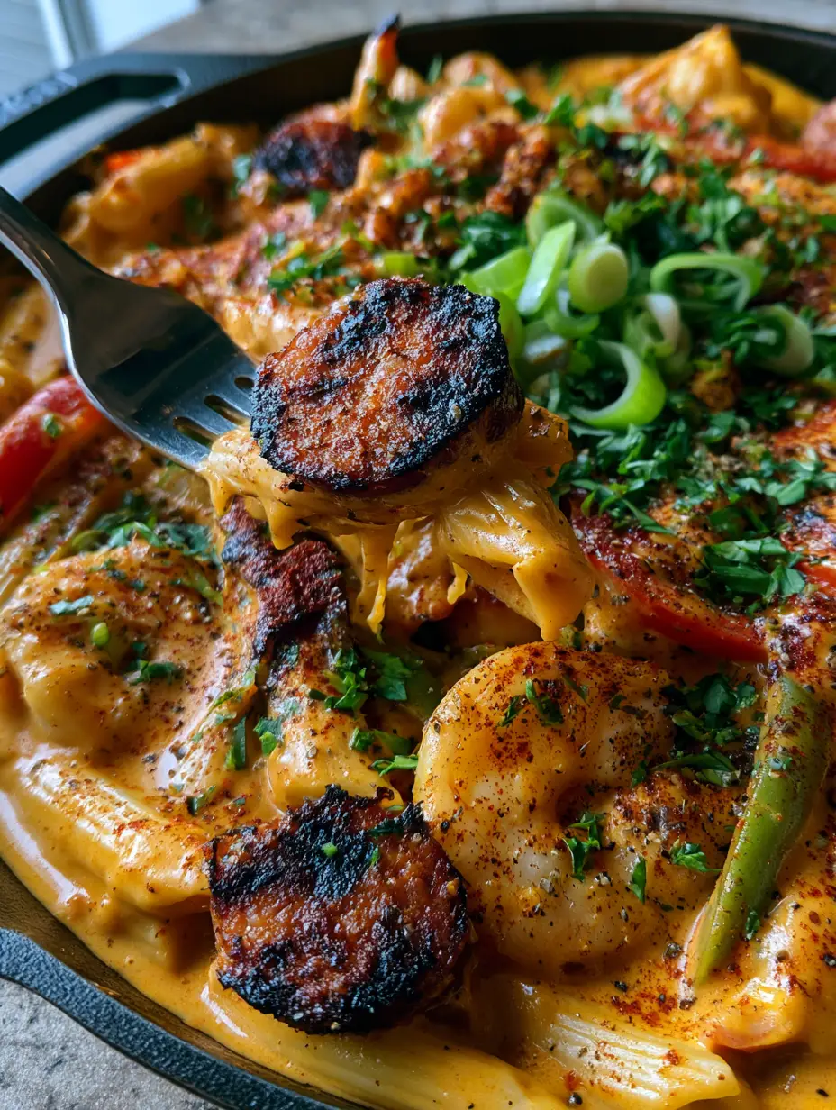 High-angle extreme close-up of penne pasta with thick orange Cajun cream sauce, charred peppers, and smoked paprika dusting.