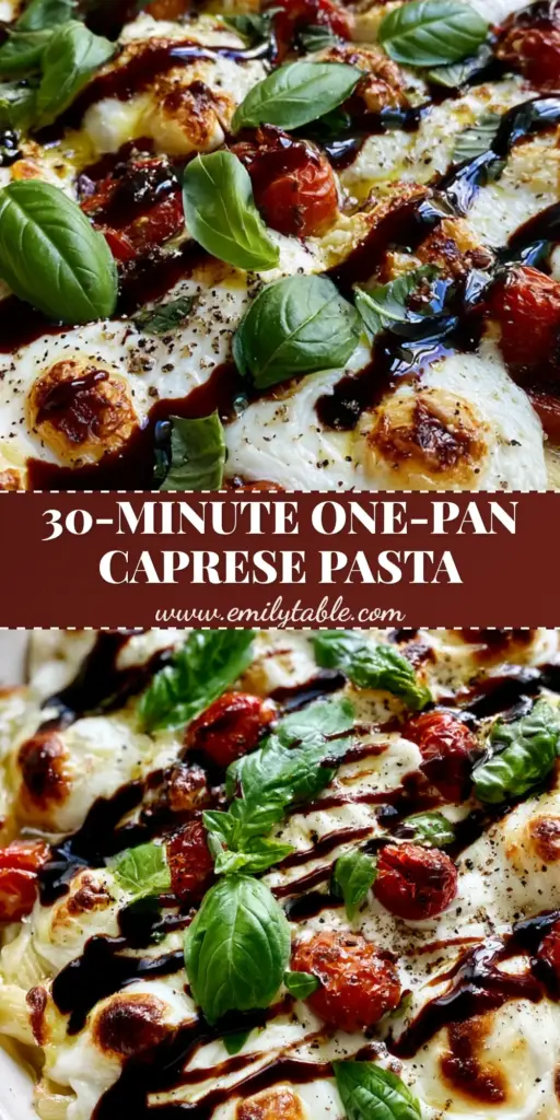 Caprese Pasta Bake With Blistered Tomatoes and Balsamic Glaze 4 A rustic white baking dish filled with Caprese Pasta Bake featuring bubbling mozzarella pearls, blistered cherry tomatoes, and a mahogany balsamic glaze drizzle.