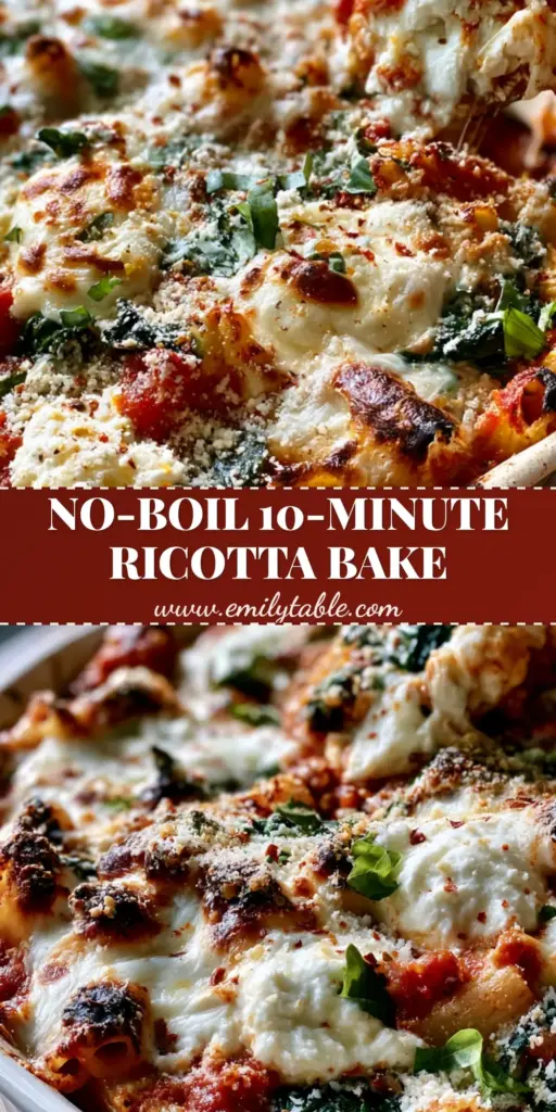 Ricotta Pasta Bake with Bubbly Mozzarella and Fresh Spinach 3 A rustic white ceramic dish featuring a ricotta pasta bake with golden-brown bubbly mozzarella cheese, charred ziti edges, and creamy ricotta dollops with steam vapors.