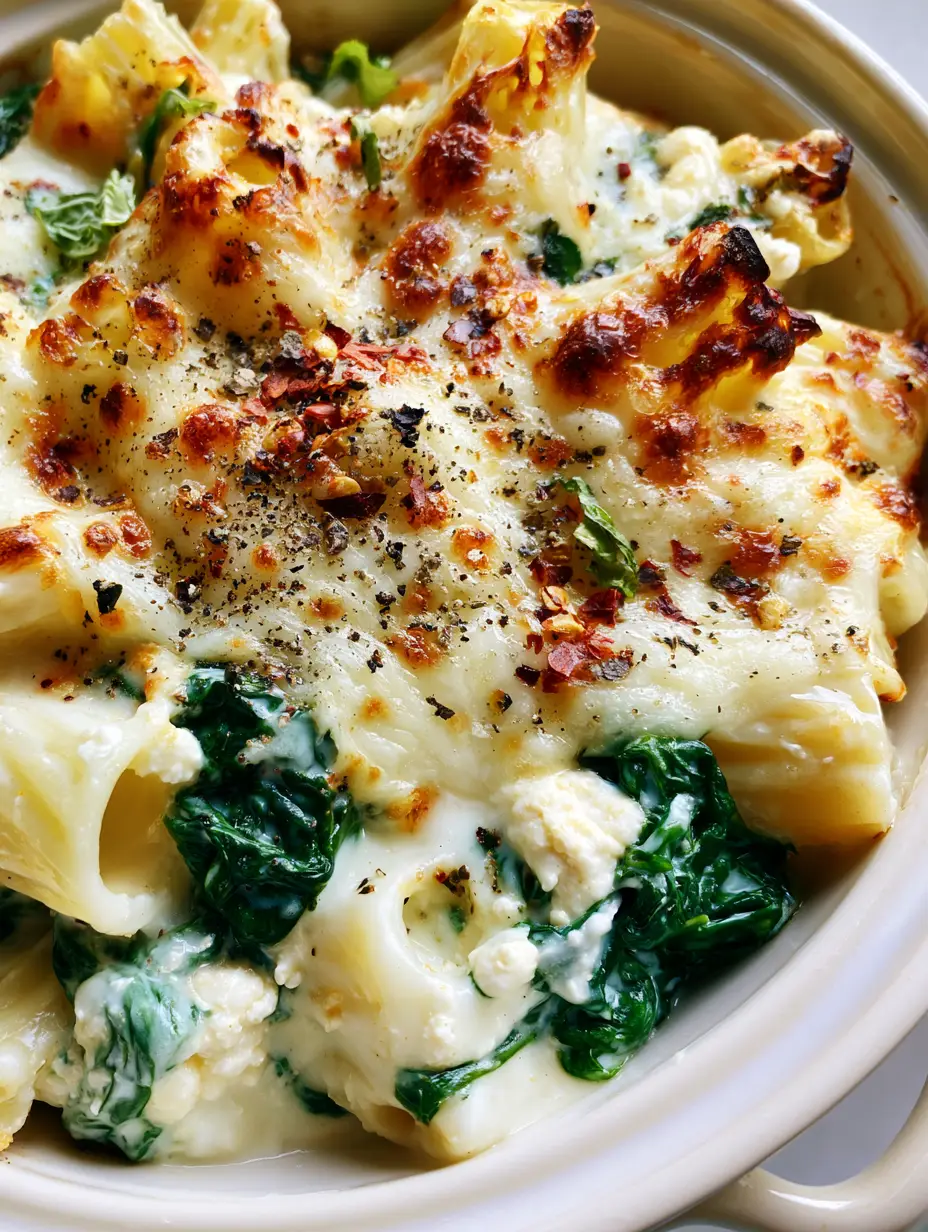 High angle macro shot of rigatoni pasta coated in white cream sauce with golden brown cheese spots. (spinach ricotta pasta bake)