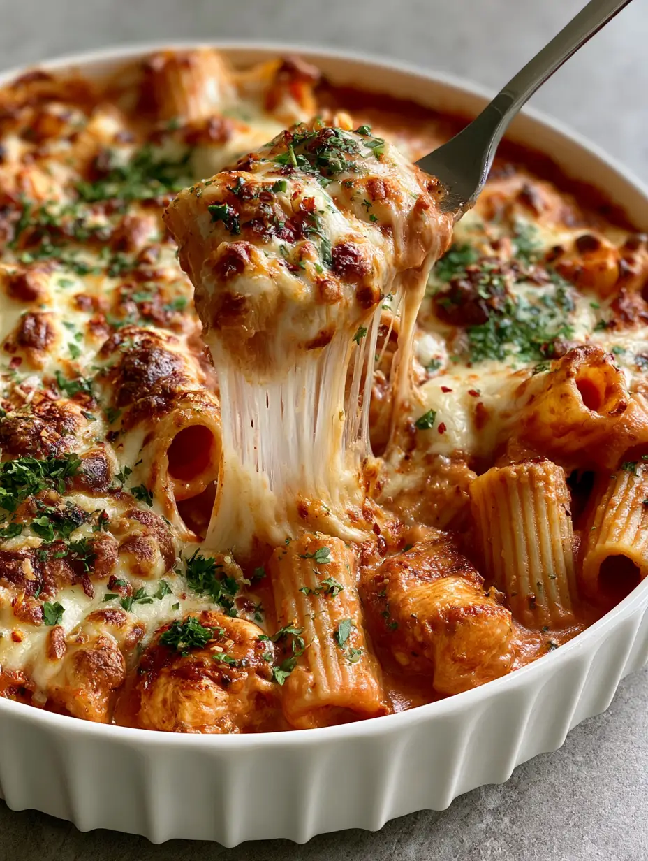 Close up shot of ridged rigatoni Pasta Bake with glossy tomato cream sauce and seared chicken.