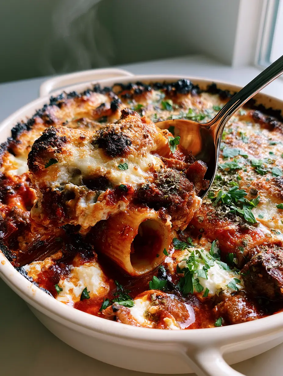 High angle shot of Pasta al Forno in a white ceramic dish with a bubbly golden parmesan crust.