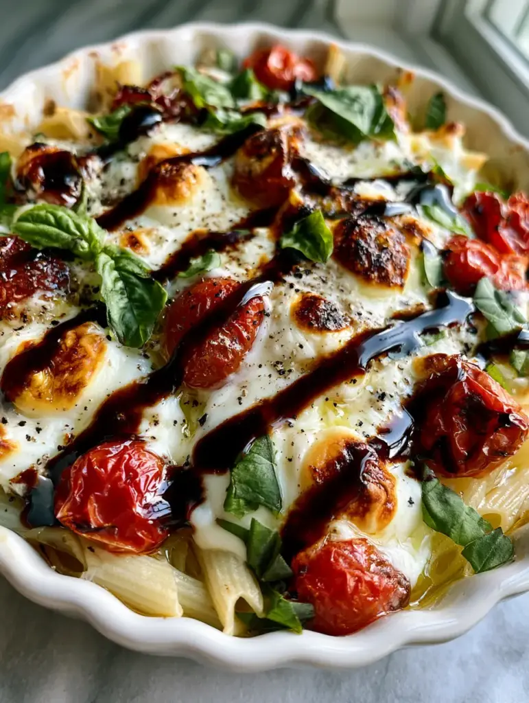 Caprese Pasta Bake With Blistered Tomatoes and Balsamic Glaze 2 Close-up of Caprese Pasta Bake showing al dente penne coated in garlic oil, melted mozzarella, and bright emerald basil leaves.