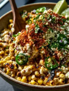 Close-up of charred corn kernels in a Mexican salad with velvety lime dressing and fresh cilantro.