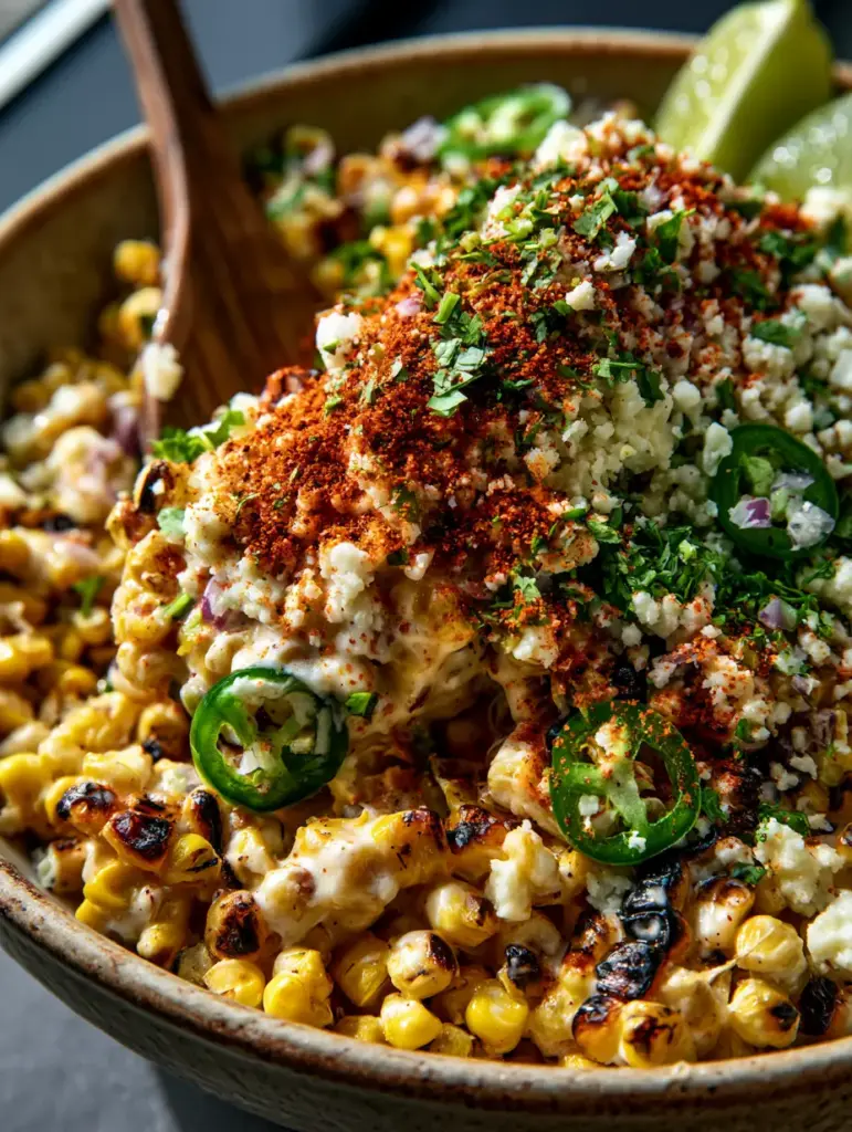 Mexican Salad with Charred Corn and Creamy Lime Crema 2 Close-up of charred corn kernels in a Mexican salad with velvety lime dressing and fresh cilantro.