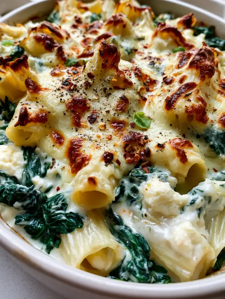 A rustic white ceramic dish filled with rigatoni, wilted spinach, and dollops of ricotta cheese.