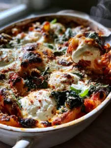 Overhead shot of a ricotta pasta bake in a rustic dish showing wilted spinach and toasted mozzarella spots.