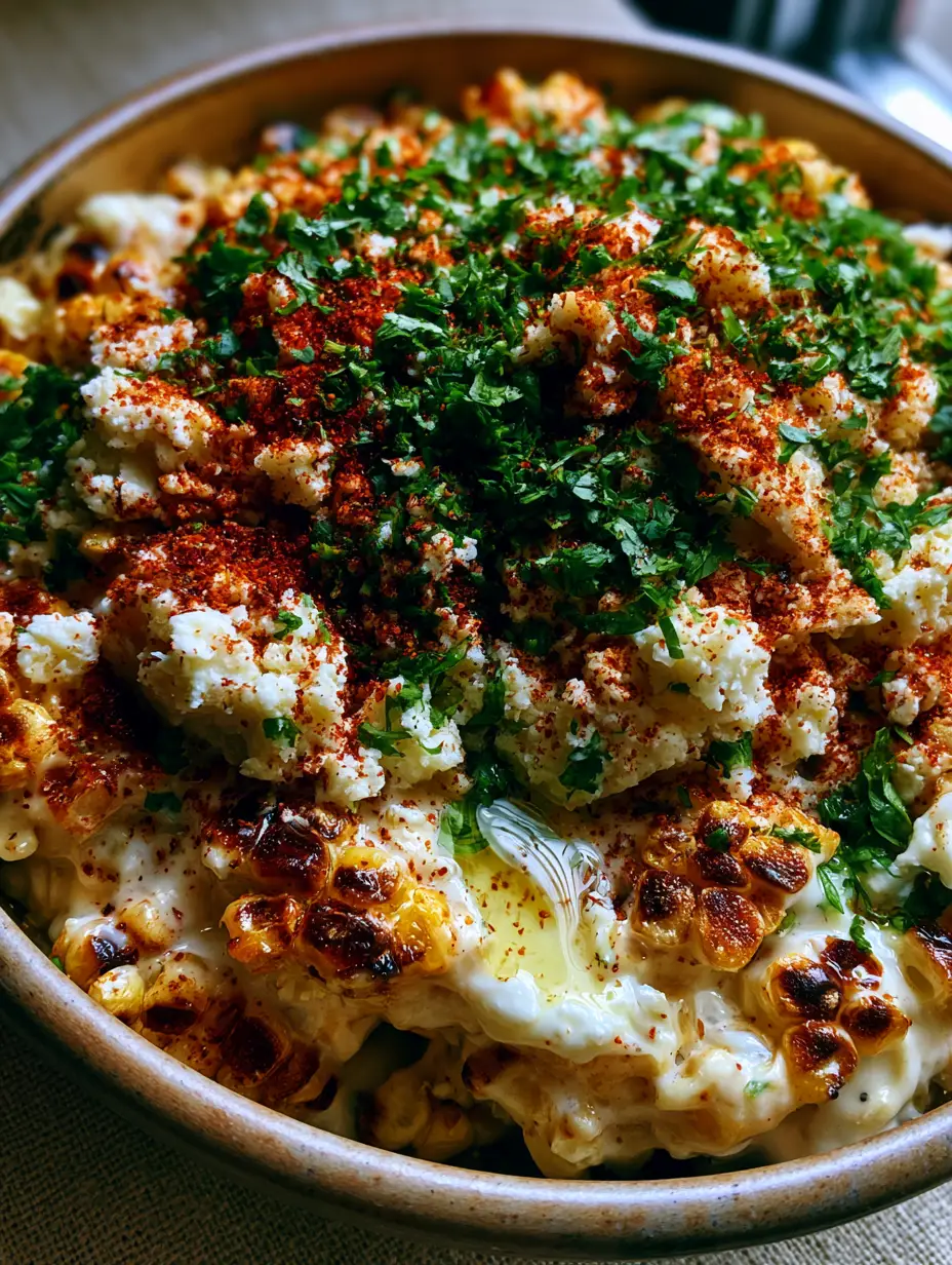 Macro overhead shot of Mexican Street Corn featuring blistered sweet corn kernels and snowy white Cotija cheese.