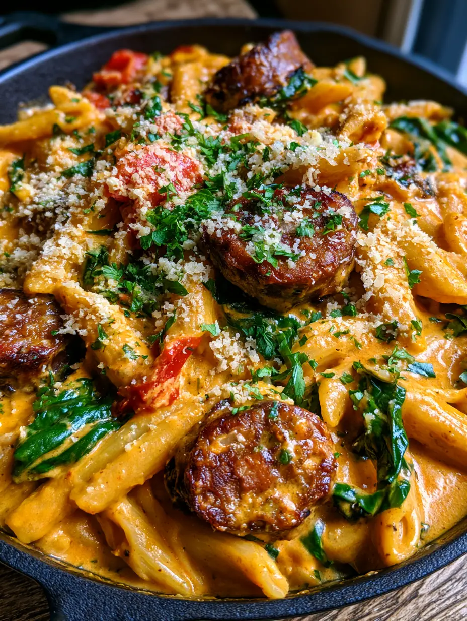 Close up of al dente penne pasta heavily coated in thick orange Cajun cream sauce with seared sausage. (Creamy Cajun Sausage Penne)