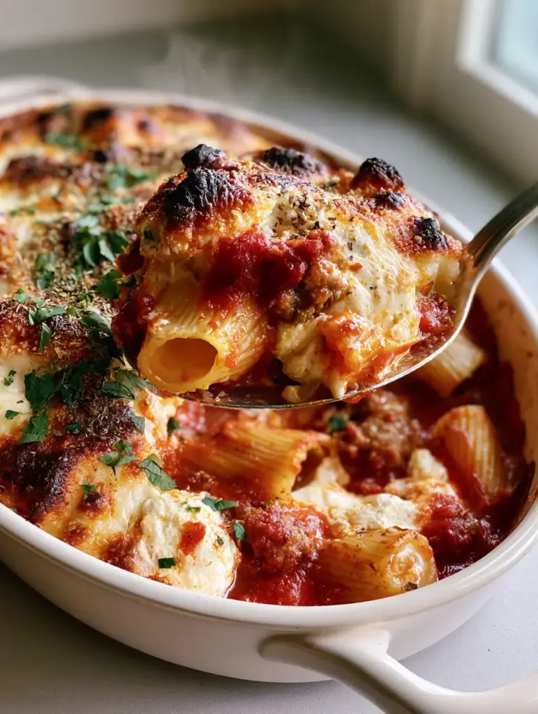Close up of rigatoni tubes coated in thick red marinara and dollops of white ricotta cheese.