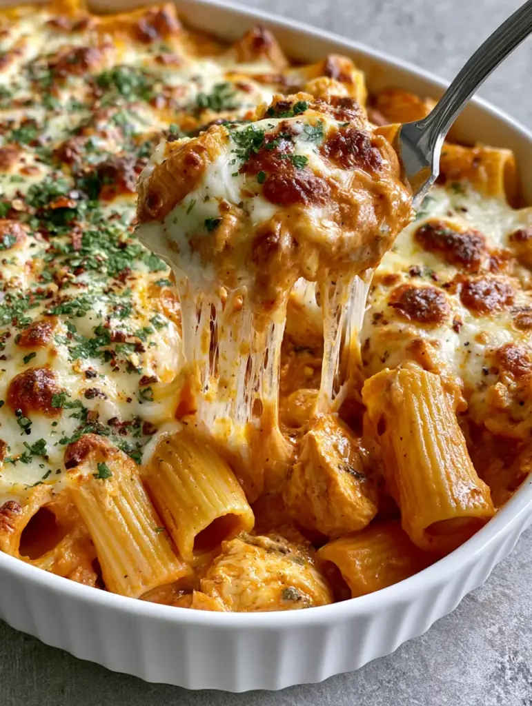 A long gooey cheese pull lifting from a blistered mozzarella and parmesan Pasta Bake.