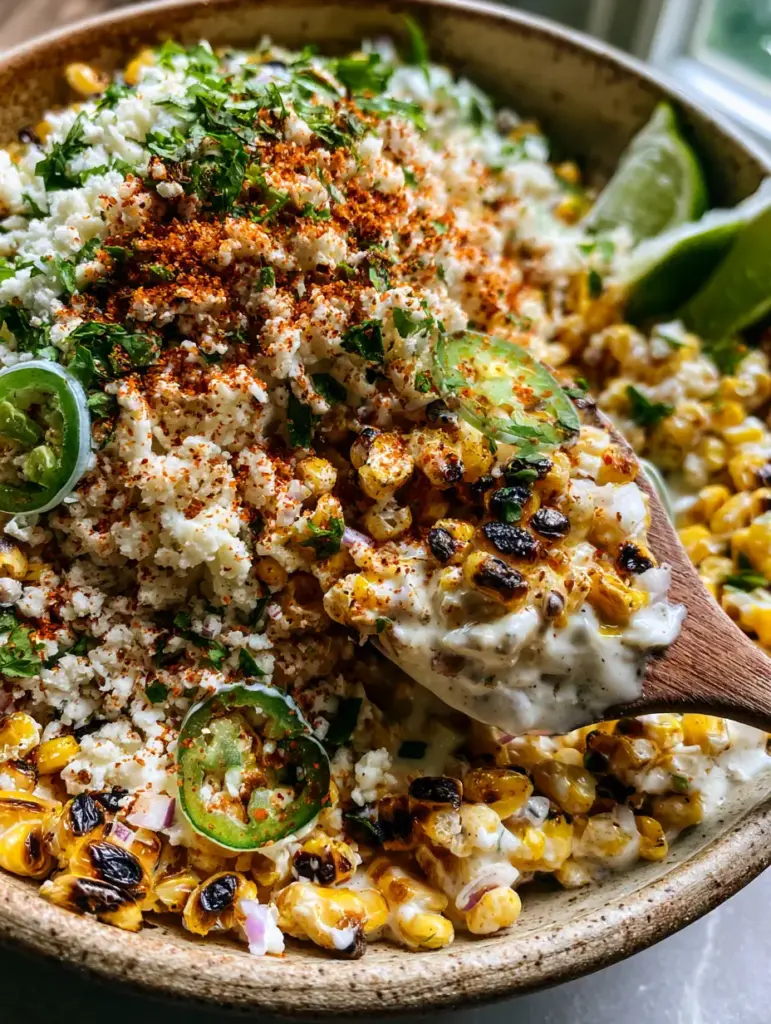Mexican Salad with Charred Corn and Creamy Lime Crema 1 A wooden spoon lifting a heap of creamy Mexican salad topped with Tajin and jalapenos.