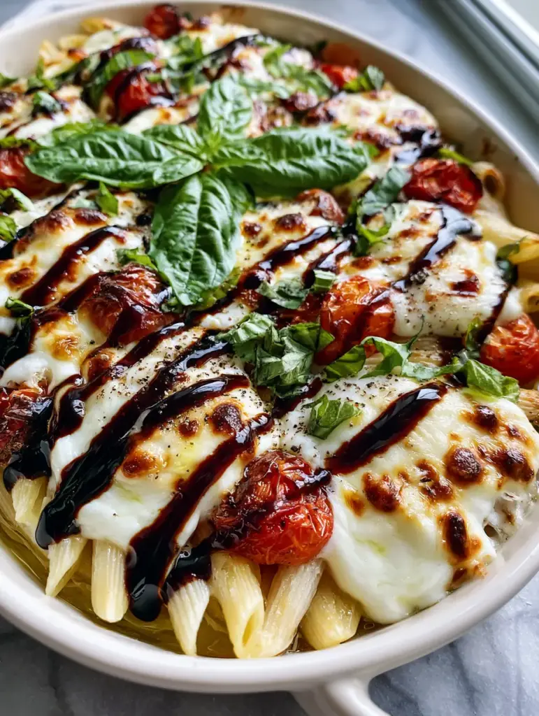 Caprese Pasta Bake With Blistered Tomatoes and Balsamic Glaze 1 Top-down view of a rustic ceramic dish containing Caprese Pasta Bake with burst cherry tomatoes and a decorative balsamic zig-zag.