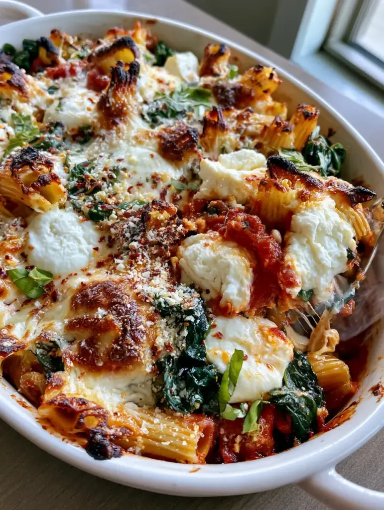 Ricotta Pasta Bake with Bubbly Mozzarella and Fresh Spinach 1 Close-up of a serving spoon lifting a portion of ricotta pasta bake with a gooey mozzarella cheese pull.