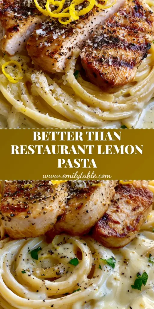 A tall swirl of al dente linguine in glossy lemon cream sauce topped with seared chicken slices, lemon zest curls, and fresh parsley. (Creamy Lemon Pasta)