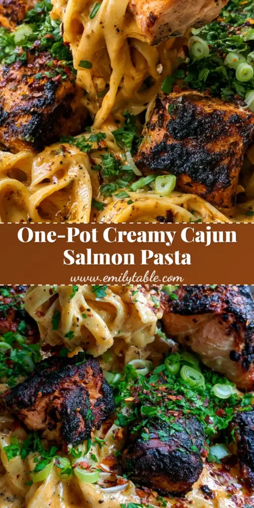 A vertical high-angle shot of Cajun salmon pasta featuring blackened salmon chunks over creamy orange fettuccine with steam wisps.