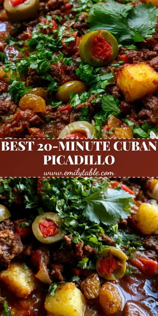Cuban Picadillo: The Ultimate Savory and Sweet Skillet Recipe 3 A top-down view of a rustic black cast iron skillet filled with Cuban picadillo featuring browned beef, green olives, golden raisins, and fried potatoes, garnished with cilantro.