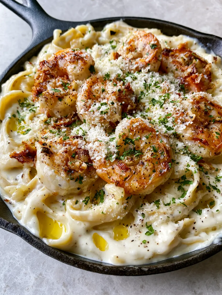 Close-up of seared jumbo shrimp on top of creamy fettuccine Shrimp Alfredo with black pepper specks.