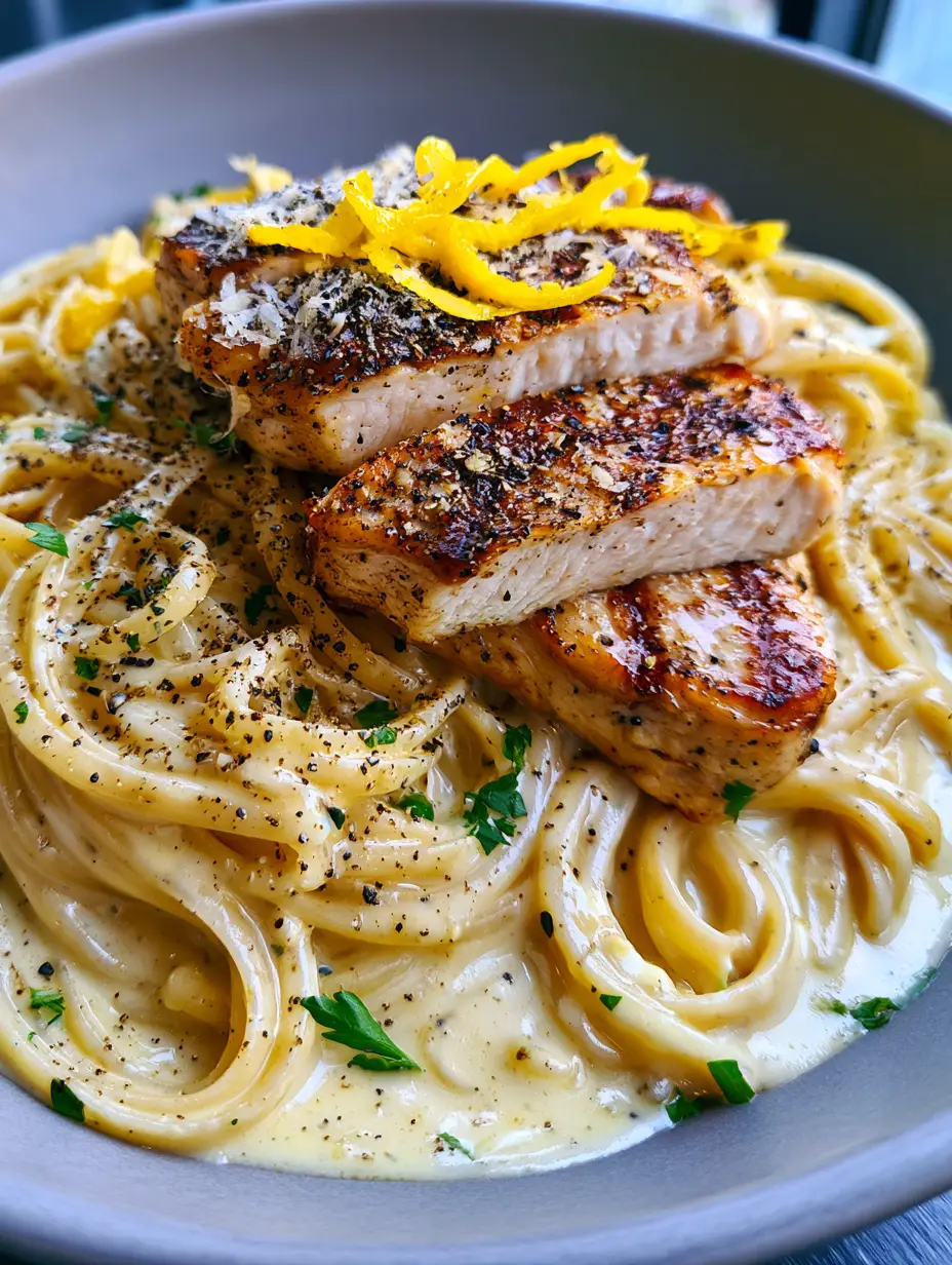 Macro shot of swirled linguine pasta coated in thick, pale-yellow lemon cream sauce with visible flecks of parsley. (Creamy Lemon Pasta)