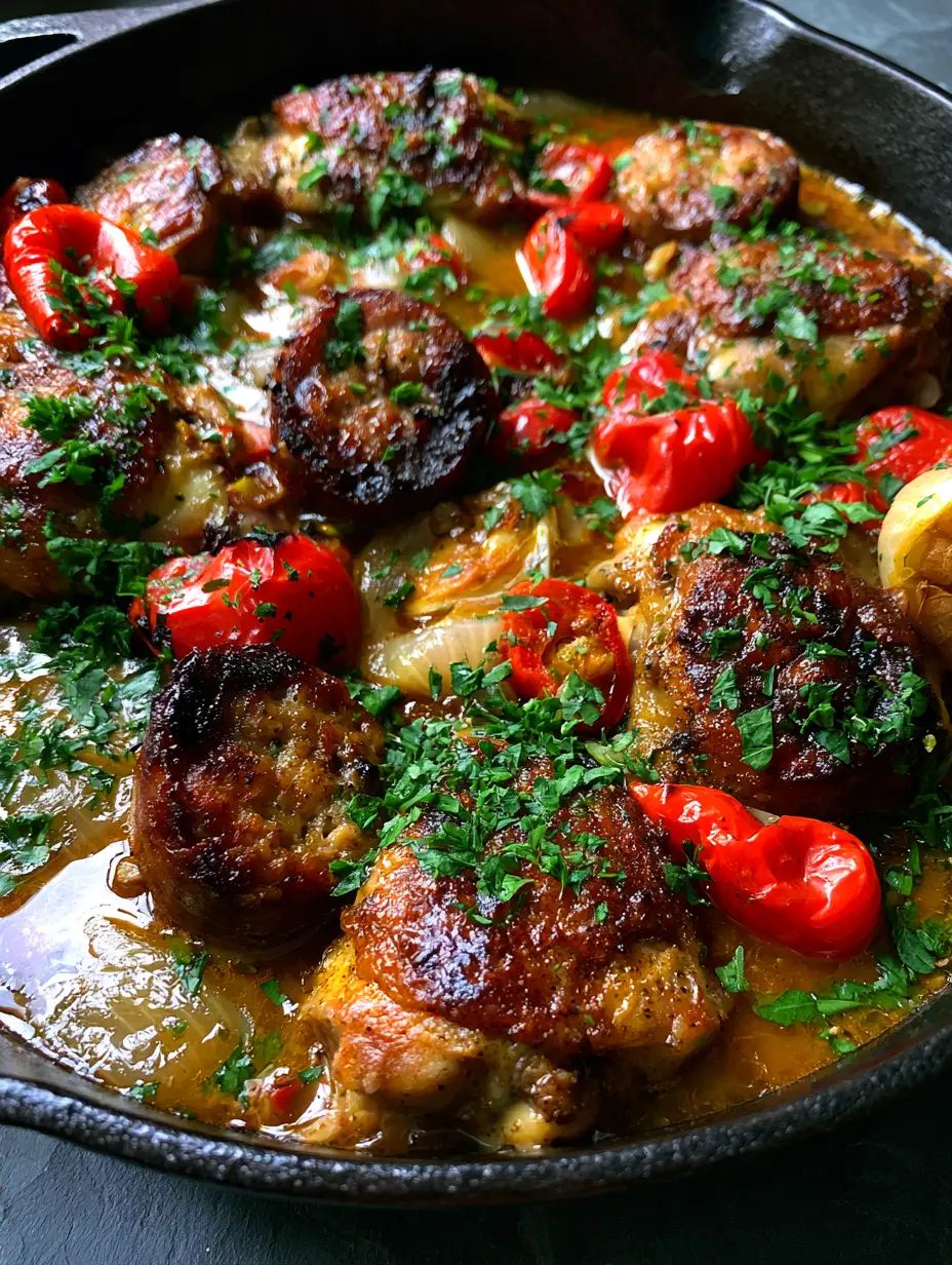 Detailed shot of Chicken scarpariello highlighting the crackling skin and glossy amber vinegar pepper sauce.