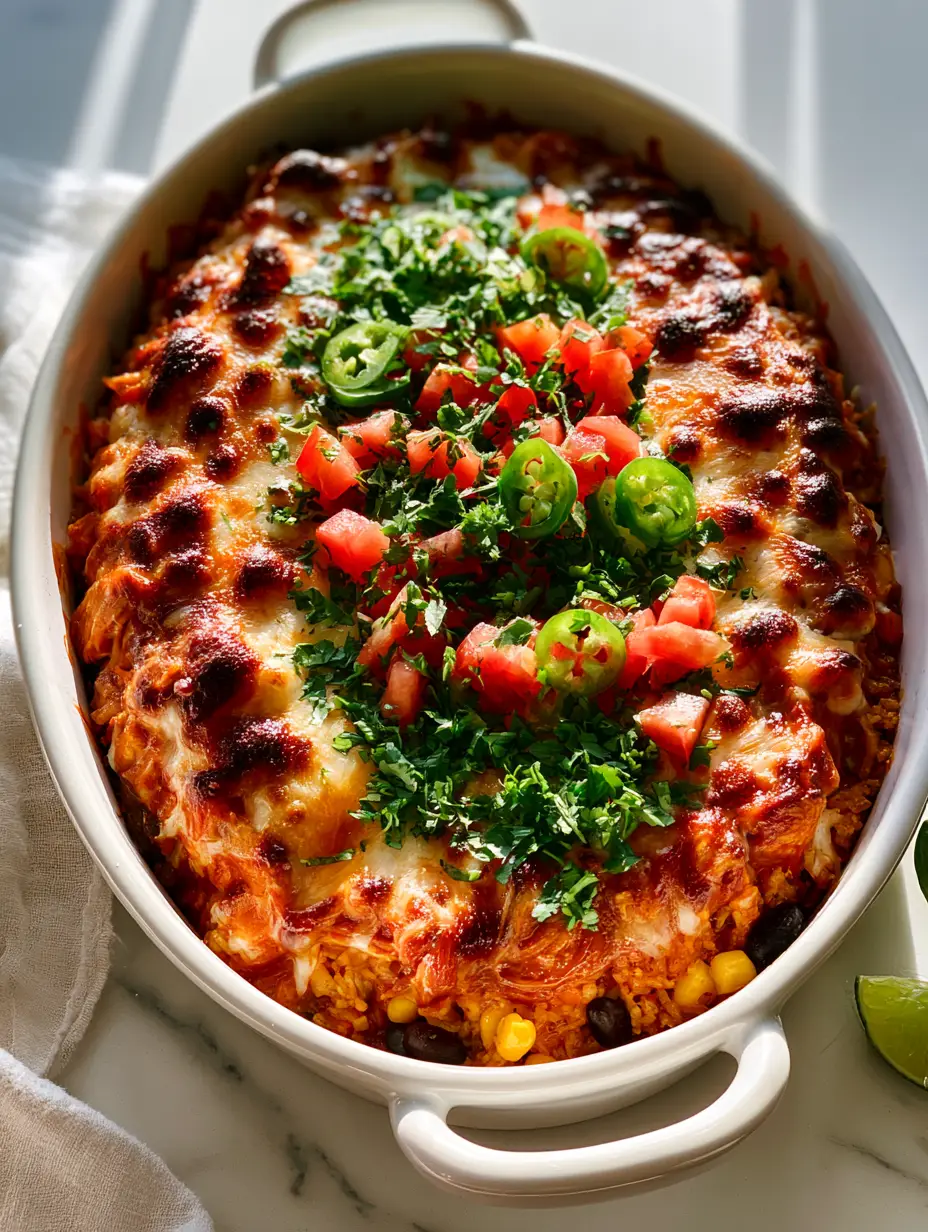 Close up of succulent shredded chicken breast coated in glossy red enchilada sauce within a Mexican chicken casserole.